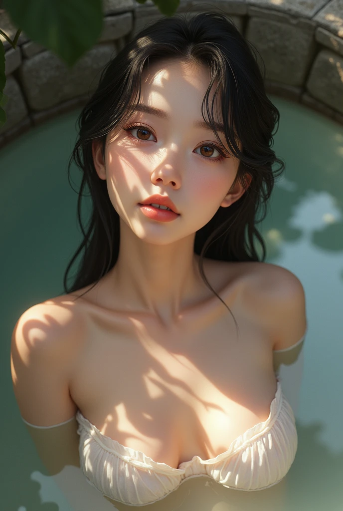a 10 Naked cute girl, nude in hot spring, visible nipples, flat chest, beautiful detailed eyes, beautiful detailed lips, extremely detailed eyes and face, long eyelashes, serene expression, soft skin, natural lighting, photorealistic, 8k, high resolution, masterpiece, digital painting