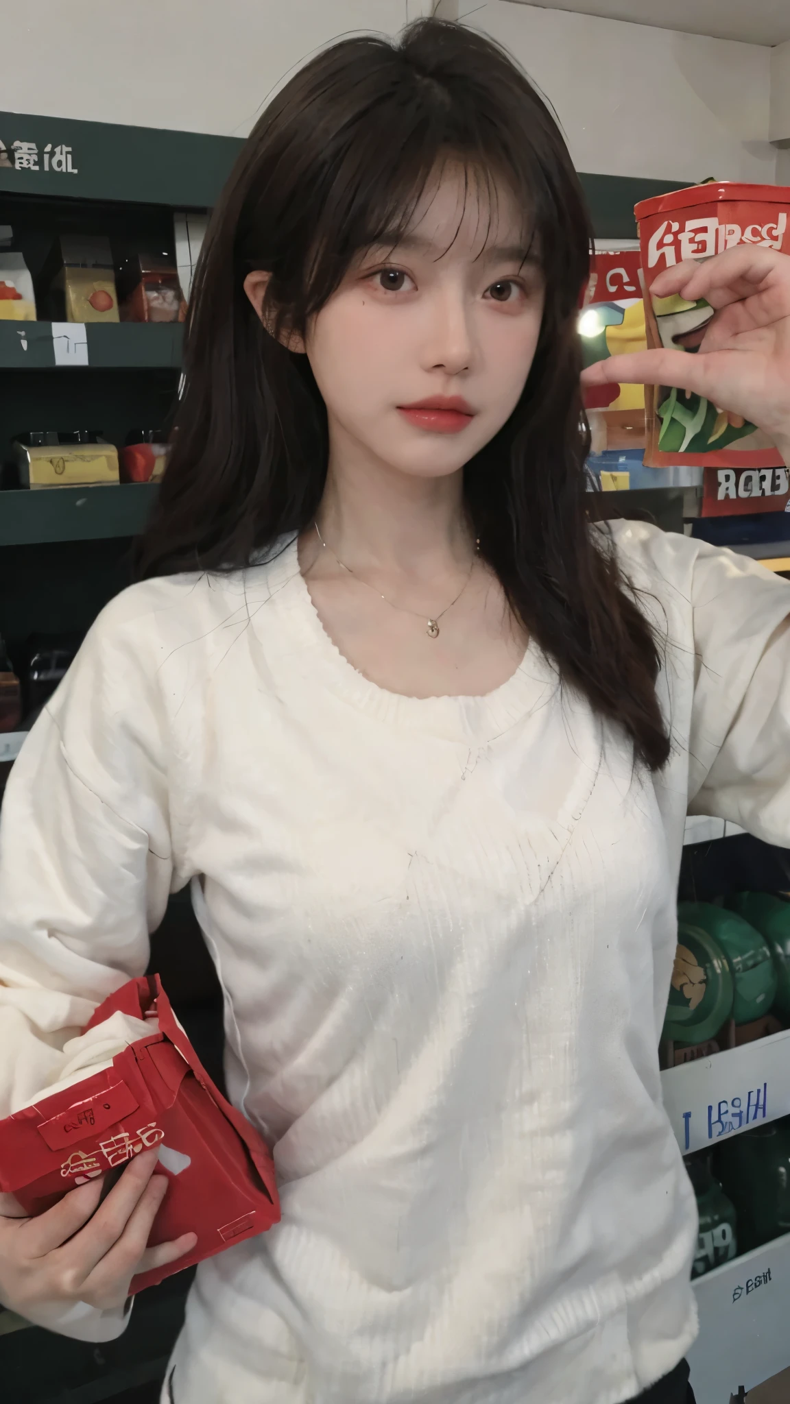 Best quality，Ultra-high resolution，(Realism:1.4)，Cute hairpins，Baoyu Girl，1 Girl，Red short sweater，Beautiful woman with a slim figure:1.4，Abdominal muscles:1.1，(Brown hair，Mid-chest:1.3)，supermarket，Super delicate face，Exquisite eyes，Double eyelids，make faces，necklace