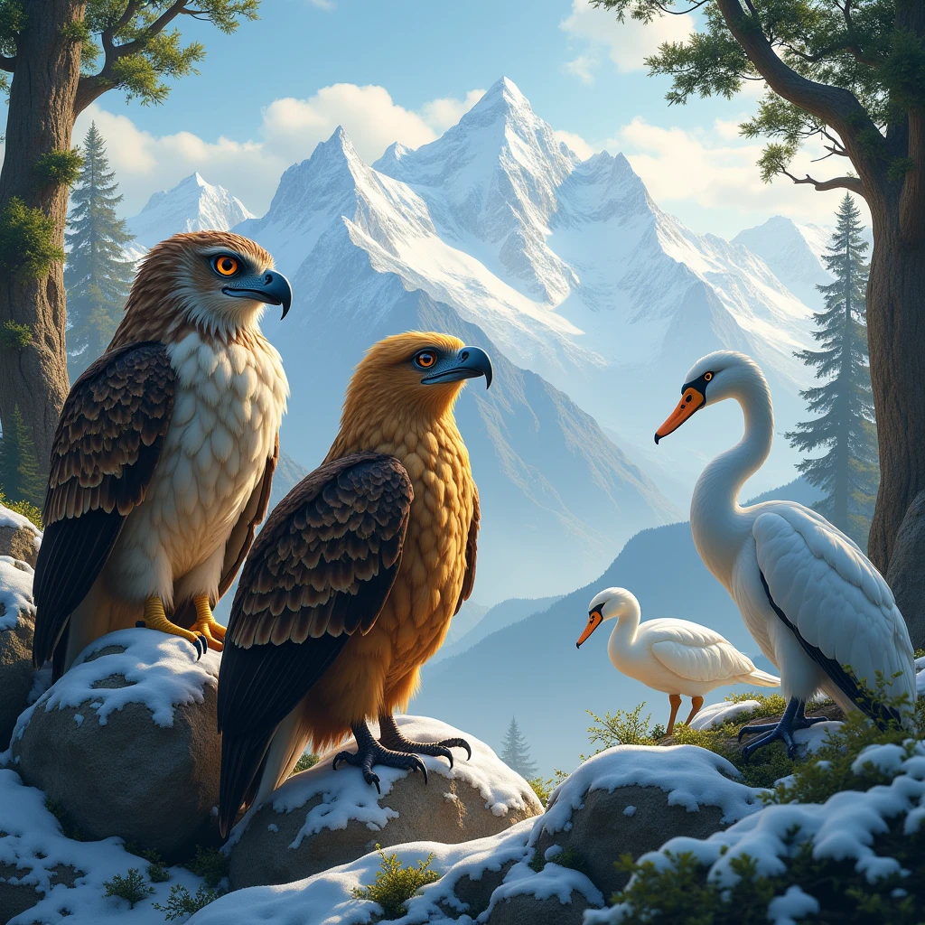brown owl golden eagle  white swan  watching me and white relaxed heron sitting on tree in Himalayas with snow
