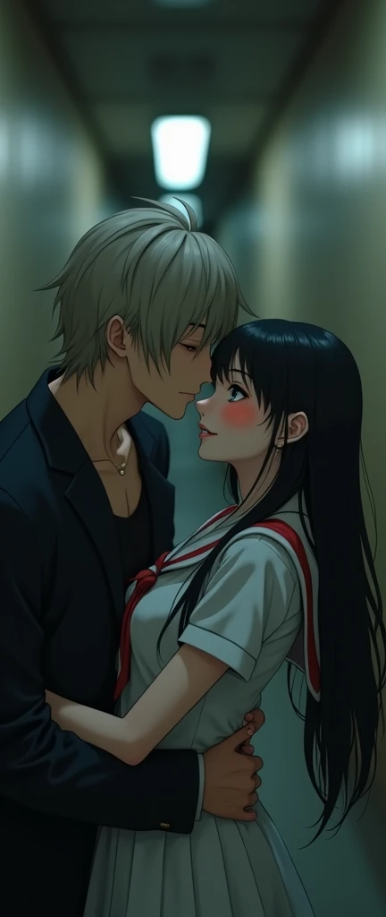 (32K:1.9, Highest quality, masterpiece, Ultra-high resolution), Perfect dynamic composition:1.3, Highly detailed skin and facial textures:1.3, Cute sexy slim Japanese schoolgirl, Tall and slim man, (Both of them close their eyes., Man hugging woman:1.3), Fair skin, ((Clarity:1.1)), (Man is anime「Demon slayer」Duma's Costume:1.3, Long silver-blonde hair, Rainbow Eyes:1.5), (The woman is wearing a uniform with a red tie:1.3, Straight black hair.:1.3, smile:0.9, A man completely charms a woman:0.9, beautiful Blue Eyes, beautiful, Clear Eyes:0.8), Sexy Face:0.4, blush:1.1, (beautifulエロティシズムを醸し出す雰囲気:0.8), Professional random camera work, Cinematic Lighting Effects, (Full Body Shot), (Too erotic), romantic, mysterious, Object of admiration, original, dramatic, artistic, Innovative, charm, Heartful, Fancy, Tilt, sense of loss, special, exciting, Extreme, sense of openness, joy, joyの表現, ((若さのcharm, 女性的なcharm))