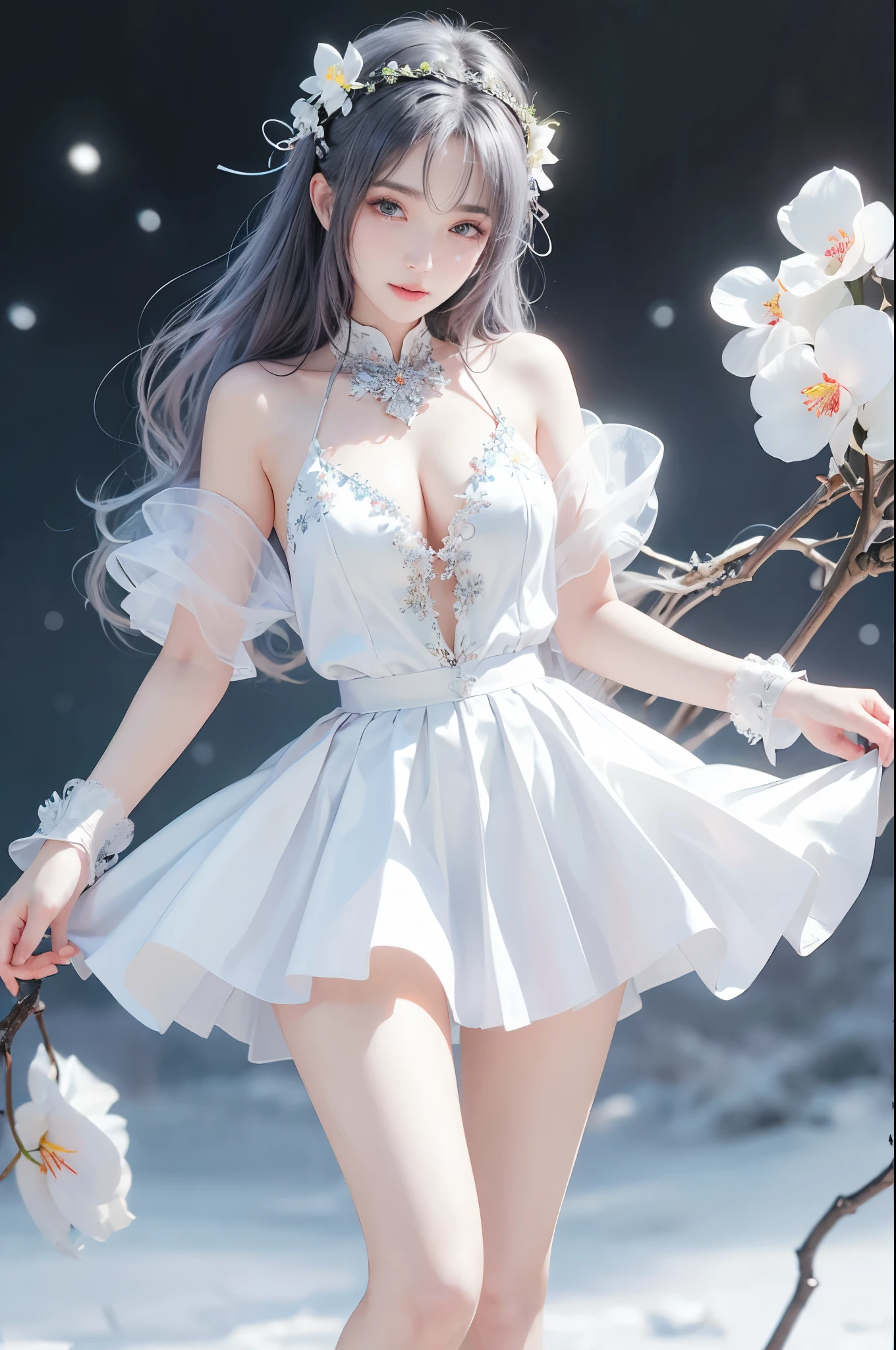 1 girl,（quality improvement：1.4），Visible cleavage，Sexy long legs，The skirt is short，She gently lifted her skirt with one hand,White phalaenopsis around hair，Lilac dendrobium、White Lily,（Top quality leather), Delicate face,Black Hair, Gradient hair, Body,（Body1.1）, He has a precious gem on his forehead.., Frameless glasses, Shining Student，Long eyelashes,Smile, Surrealism, Movie Lighting, Projection Insertion, Surrealism, Ultra HD, masterpiece，lie，Keep dreaming，Open your legs slightly.，Tattoo，Fantasy Space，Luxurious space