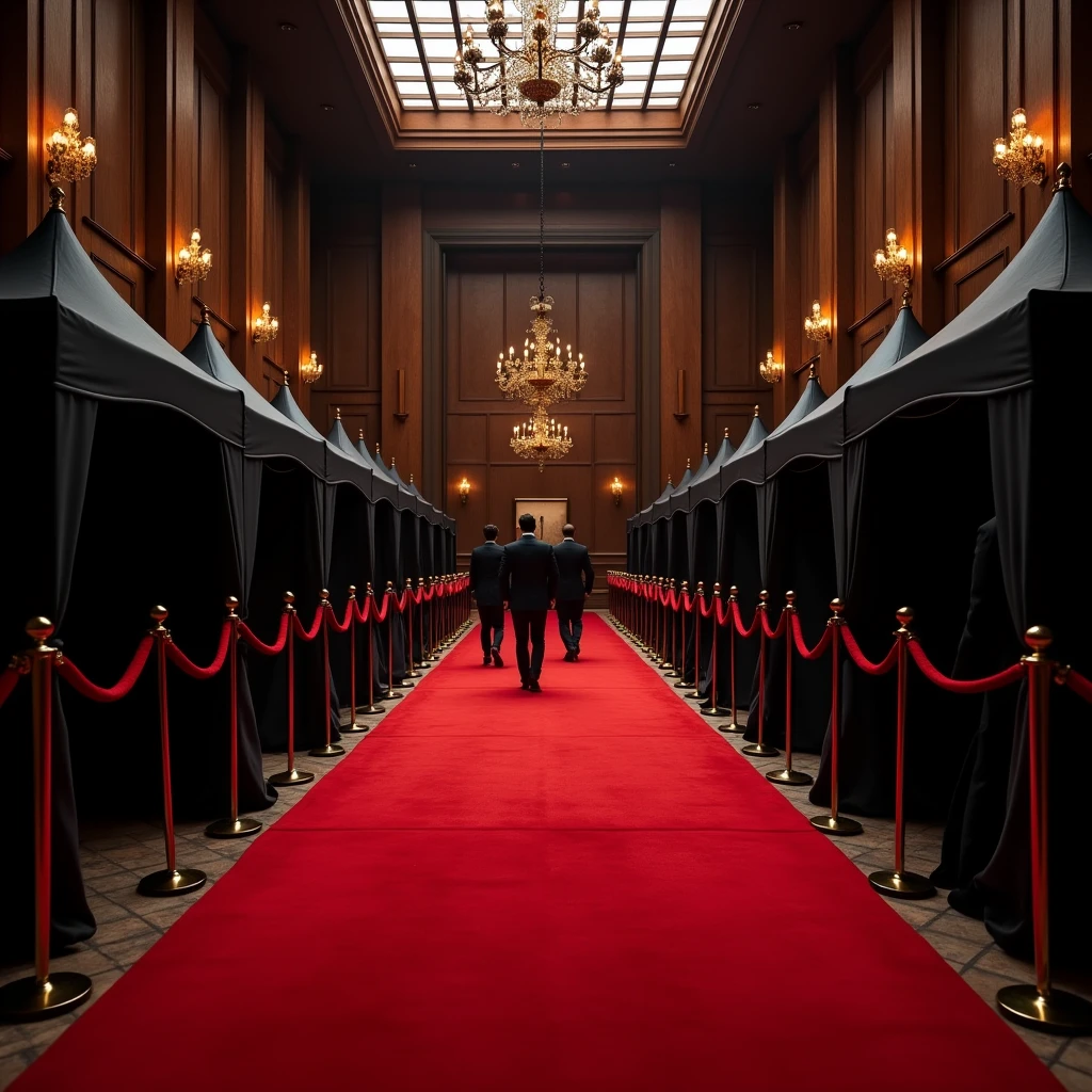 Luxury red carpet entry with black tents for a glass of whiskey 