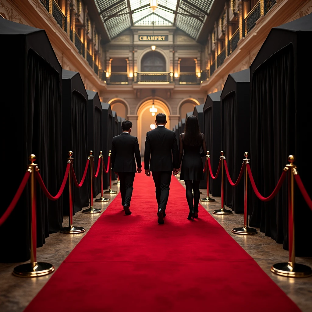 Luxury red carpet entry with black tents for a glass of whiskey 