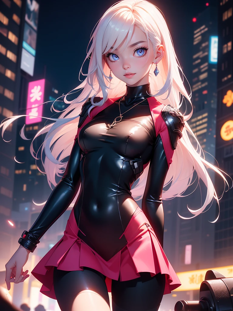 8 K, masterpiece, RAW photo, Best quality, detail:1.2), photorealistic, Extremely detailed Cg Unity 8 K wallpaper, depth of field, cinematic light, lens flare, Ray tracing, (incredibly beautiful face, beautiful lips, beautiful eyes), intricate detail face, ((ultra detailed skin)) 1 girl, In the dark, deep shadow, Cute Korean girl, k-pop idol, (Very thin and slender muscular body:1.3), ((view viewer)), (big smile), (bodycon mini dress), (pink dress), (Injection sleeve), (City night, (sign neon lights), (night), Cute Korean girl, earrings, bracelet, NECKLACE, tights, clear eyes, to walk, (pale skin), facing forward, (big eyes), ((upper body punches)), dress tightly, silk dress, Return, backshot, Very thin, slander