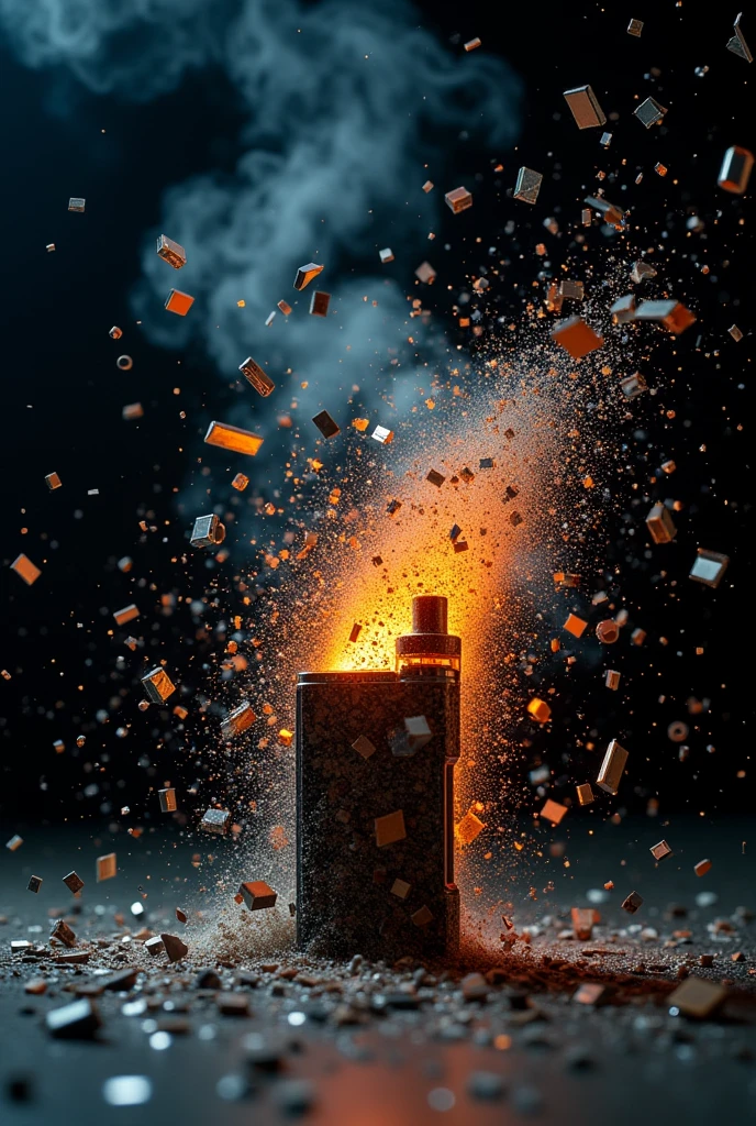 A close-up shot of a vape device being violently destroyed. The device is shattering into pieces, with fragments of metal, plastic, and circuitry flying in different directions. A burst of light or sparks emerges from the point of impact, emphasizing the force of the destruction. The background is dark, making the flying debris and shattering vape device stand out dramatically. Smoke or vapor is dissipating into the air, adding a dynamic element to the scene.