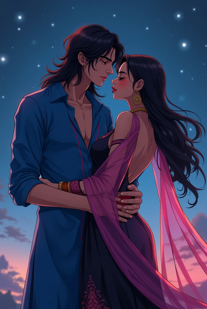 Make Indian anime couple hot sex scenes:raat ka samay hai. jisme ladka aur ladki
hai. ladke ke hair uski neck tak lambe hai. ne blue shirt pehni hai jispe blue aur red lines hai, ladki ne Indian backless black,long kurta pehna hai aur transparent pink dupatta pehna hai. jispe beautiful design hai. Ladke ne ladki ki kamar ko tightly pakad rakha hai, dono ek dusre se chipke hue hai. Ladki ka dupatta lehra Raha hai. Dono ek dusre ko lip kiss kar rahe hai, in dono ke lips touch ho rahe hai. Ladki ke hair bahut lambe hai. (Art style: jujutsu kaisen)