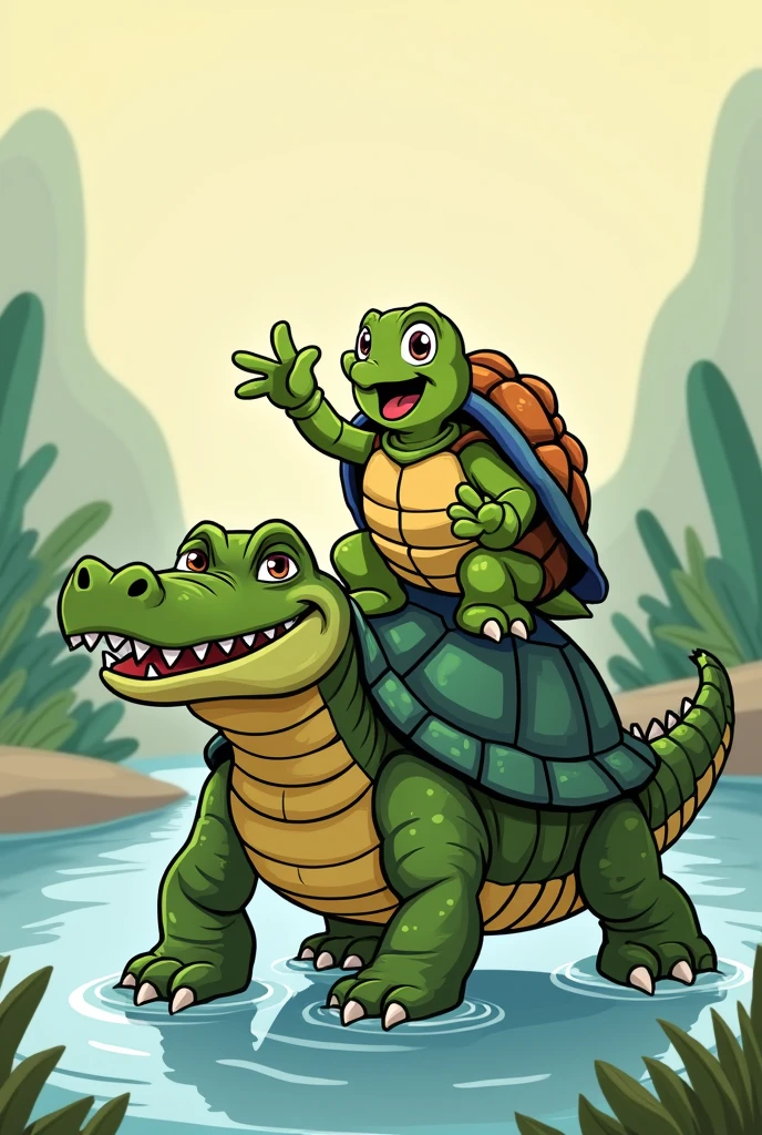 The tortoise sits on the back of the crocodile and speaks in 2d cartoon