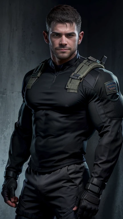 1 man, solo, 3, Chris Redfield, wearing a blue T-shirt, smirks, stubbles, looking at the camera, black color on the shoulder and a bsaa logo on the shoulder, military tactical suit, equipment, tall and hunk, biceps, abs, chest, best quality, masterpiece, high resolution:1.2, upper body shot, dark black gloomy hallway with not background
