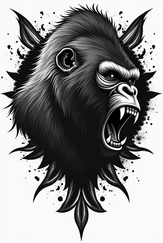 a roaring gorilla head in tattoo form in a black and white image with adinkra symbols with the gorilla positioned sideways