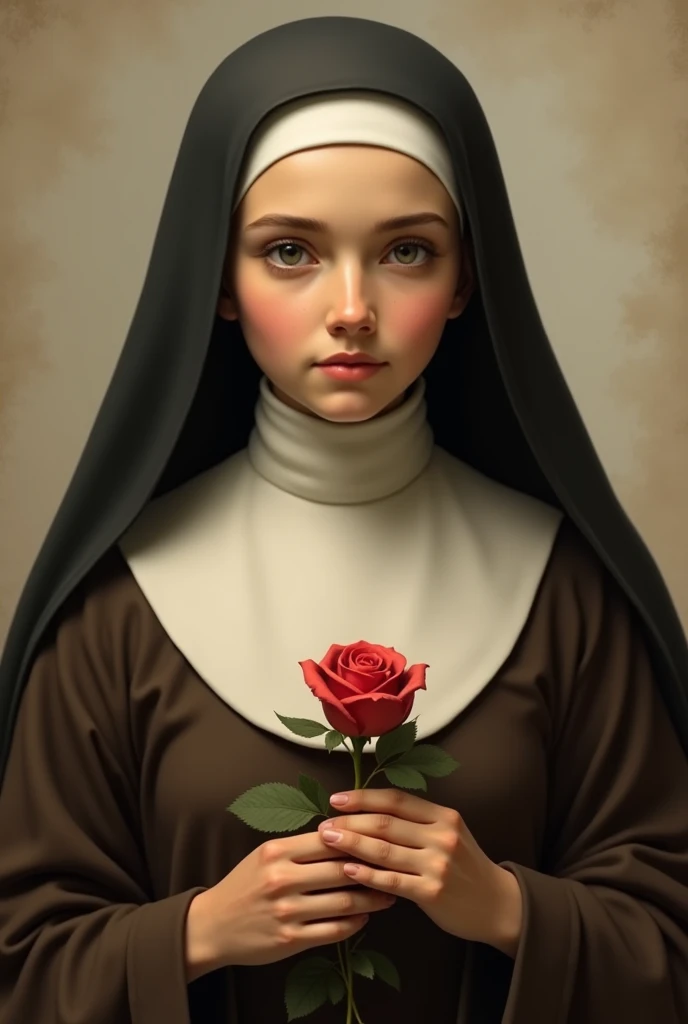 realistic image of St. Thérèse she is a young Carmelite nun with a serene and gentle gaze, she is often depicted wearing the Carmelite habit which consists of a long brown dress and a white scapular, the dress covers her feet, she holds a rose, she is depicted with a contemplative expression, reflecting her deep spirituality and communion with God she is on average 