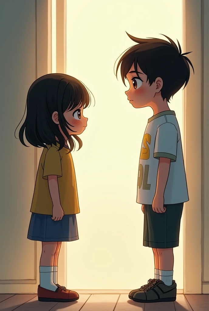 a moment filled with emotion and tension. The girl looking at her feet could suggest shyness, uncertainty, or introspection, while the boy standing face to face might indicate he's looking upward facing up to the sky seeking help god, for her.