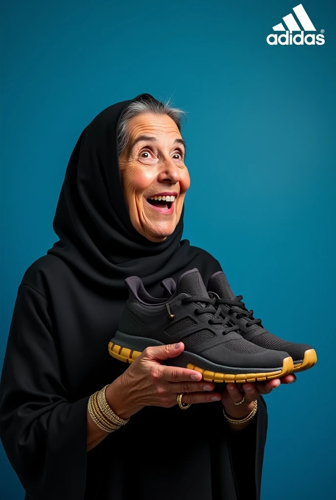 Egyptian peasant woman wearing black abaya, 50 years old, holding Adidas shoes in her hand and wearing gold bracelets, doing an Adidas advertisement, her face is surprised with joy and she looks at the shoes, studio lighting, blue universal background with Adidas logo in the corner of the picture