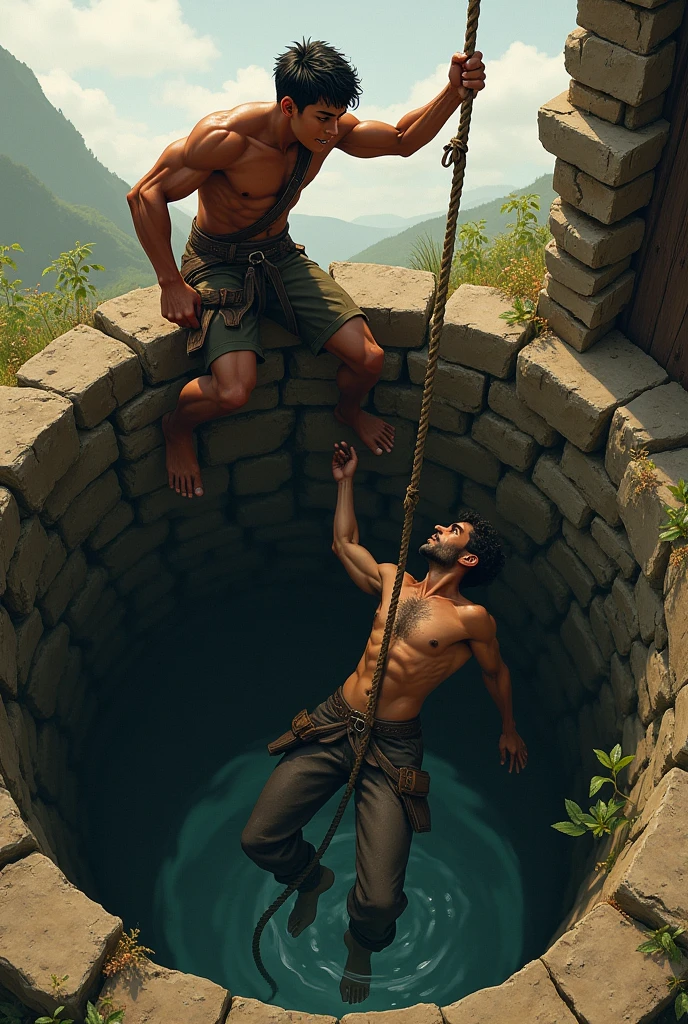 A strong boy rescues a man from a well by tying him with a rope