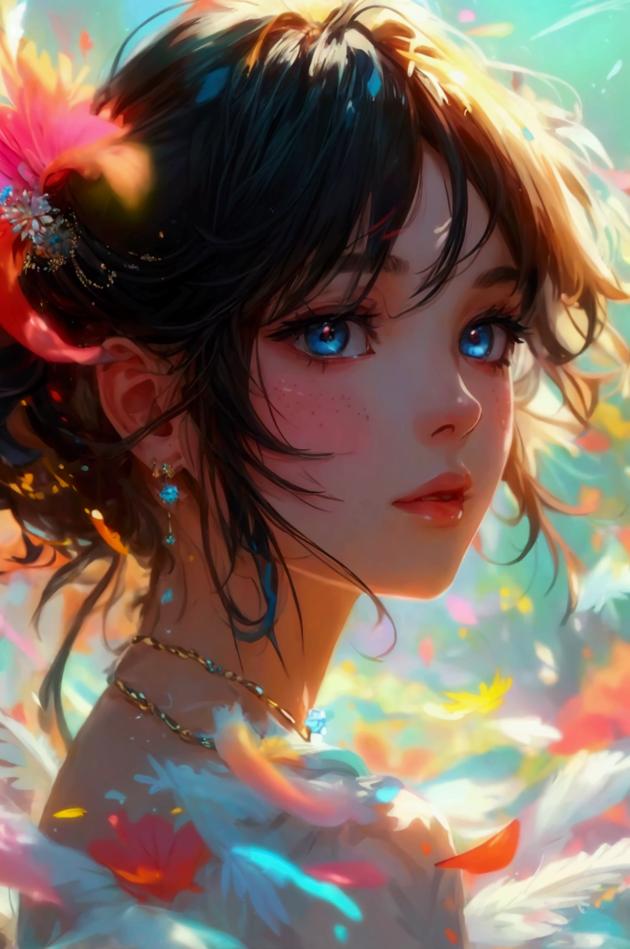 (Masterpiece), (best quality), (very detailed),(messy hair),(illustration), (1 person), stand, fashion model, look at viewer, (interview), (Detailed background),Beautifully detailed eyes, delicate beautiful face, floating,(high saturation),(colorful splashes),colorful bubbles,(shine), Focus on the face, floating flowers, Floating feathers, (shine), best light, best shadow, 1. Not only bad