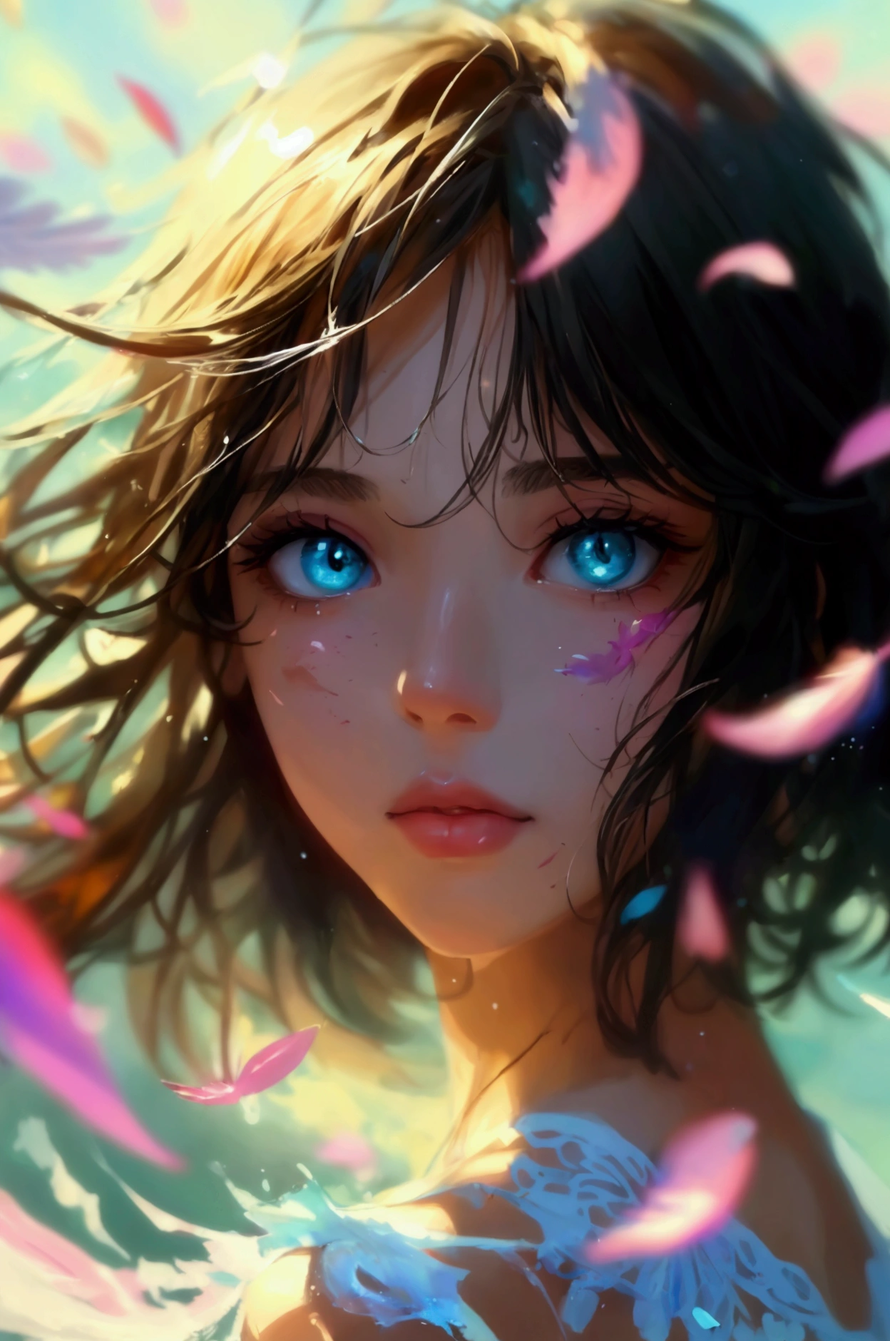 (Masterpiece), (best quality), (very detailed),(messy hair),(illustration), (1 person), stand, fashion model, look at viewer, (interview), (Detailed background),Beautifully detailed eyes, delicate beautiful face, floating,(high saturation),(colorful splashes),colorful bubbles,(shine), Focus on the face, floating flowers, Floating feathers, (shine), best light, best shadow, 1. Not only bad