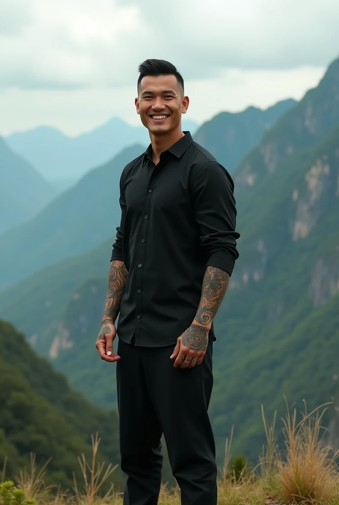 A handsome Thai man with his hands covered in intricate tattoos, rambut undercut, standing in a mountainous landscape like a wide angle camera, wearing a long-sleeved black shirt, modern black pants and black shoes. with a friendly smile landscape
