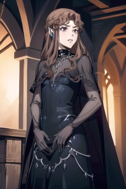 LenoreCastlevania, black dress, black gloves, blue dress, cape, earrings, fangs, hair ornament, jewelry, long dress, necklace, see-through