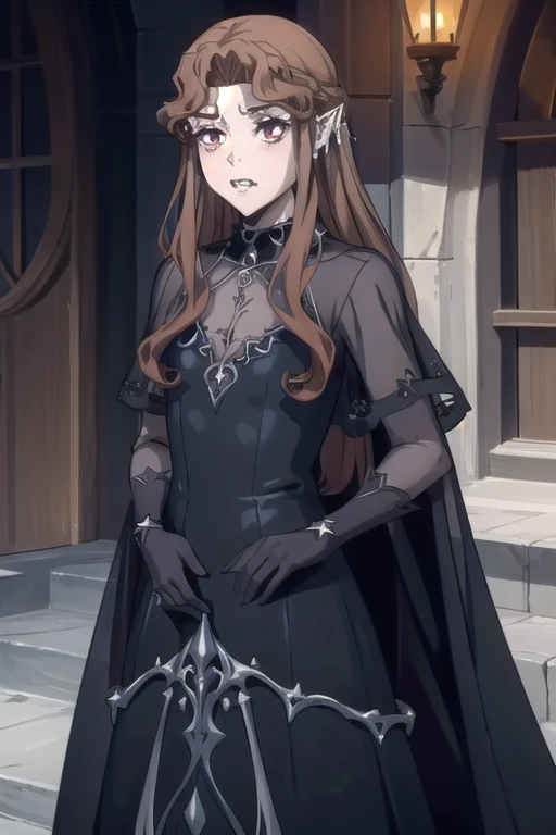 LenoreCastlevania, black dress, black gloves, blue dress, cape, earrings, fangs, hair ornament, jewelry, long dress, necklace, see-through