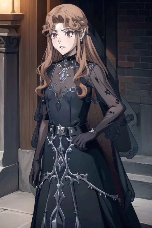 LenoreCastlevania, black dress, black gloves, blue dress, cape, earrings, fangs, hair ornament, jewelry, long dress, necklace, see-through