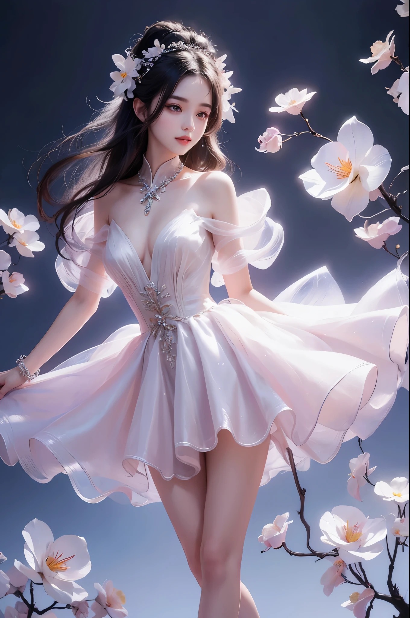 fodress, 1 girl,(quality improvement:1.4),Visible cleavage,Sexy long legs,The skirt is short,She gently lifted her skirt with one hand,White phalaenopsis around hair,Lilac dendrobium、White Lily,(Top quality leather), Delicate face,Black Hair, Gradient hair, Body,(Body1.1), He has a precious gem on his forehead.., Frameless glasses, Shining Student,Long eyelashes,Smile, Surrealism, Movie Lighting, Projection Insertion, Surrealism, Ultra HD, masterpiece,lie,Keep dreaming,Open your legs slightly.,Tattoo,Fantasy Space,Luxurious space