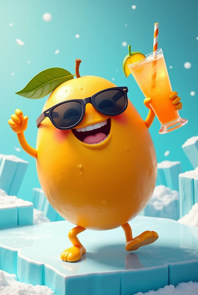 Create a Mango character with sunglasses, dancing on frozen ice, holding mango drink, happy and smile, top angle, cool pose