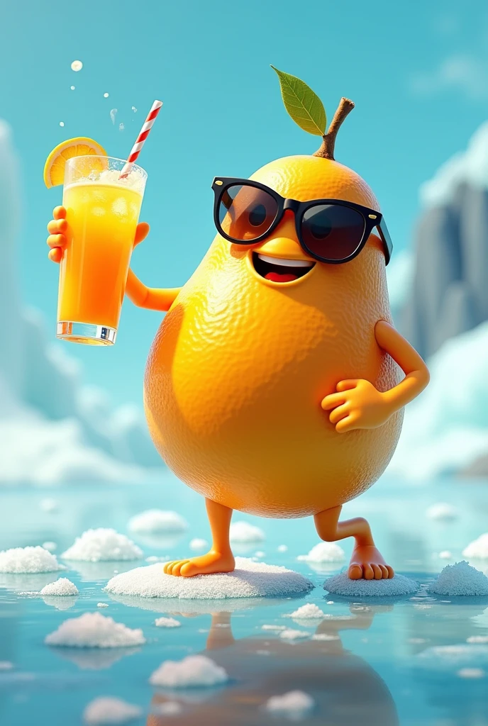 Create a Mango character with sunglasses, dancing on frozen ice, holding mango drink, happy and smile, top angle, cool pose