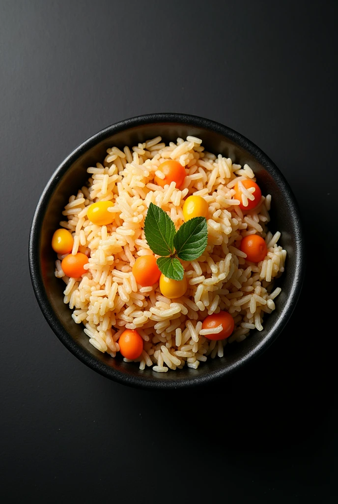 Fried rice in a black bowl with corn and carrot
Full picture from top view


