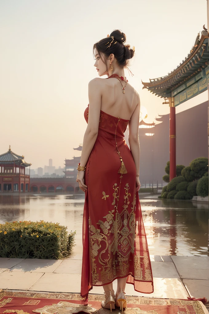 (((best quality))),(((ultra detailed))),(((masterpiece))),illustration,((1 beautiful girl,solo)),(neat bun:1.2),(fair skin:1.3),((slim,thin)),((earrings,necklace)),((bare back,towering hips,butt crack)),(bright almond-shaped eyes:1.3), graceful and elegant aura,(maxi gorgeous exquisitely embroidered red dress:1.5),gold trimmings,(stockings:1.3),(ancient Chinese city scape:1.3),(on empty spacious square:1.3),(outside the distant towering magnificent palace-like castle:1.3),(outdoor:1.3),gold trimmings,intricate carvings, delicate decorations,((clear sky, fluffy clouds)), warm sunlight, crisp refreshing breeze, serene expression, peaceful atmosphere, (standing:1.3), surrounding beauty,((vibrant October,autumn)),((from back,upper body))