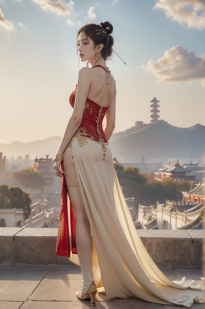 (((best quality))),(((ultra detailed))),(((masterpiece))),illustration,((1 beautiful girl,solo)),(neat bun:1.2),(fair skin:1.3),((slim,thin)),((earrings,necklace)),((bare back,towering hips,butt crack)),(bright almond-shaped eyes:1.3), graceful and elegant aura,(maxi gorgeous exquisitely embroidered red dress:1.5),gold trimmings,(stockings:1.3),(ancient Chinese city scape:1.3),(on empty spacious square:1.3),(outside the distant towering magnificent palace-like castle:1.3),(outdoor:1.3),gold trimmings,intricate carvings, delicate decorations,((clear sky, fluffy clouds)), warm sunlight, crisp refreshing breeze, serene expression, peaceful atmosphere, (standing:1.3), surrounding beauty,((vibrant October,autumn)),((from back,upper body))
