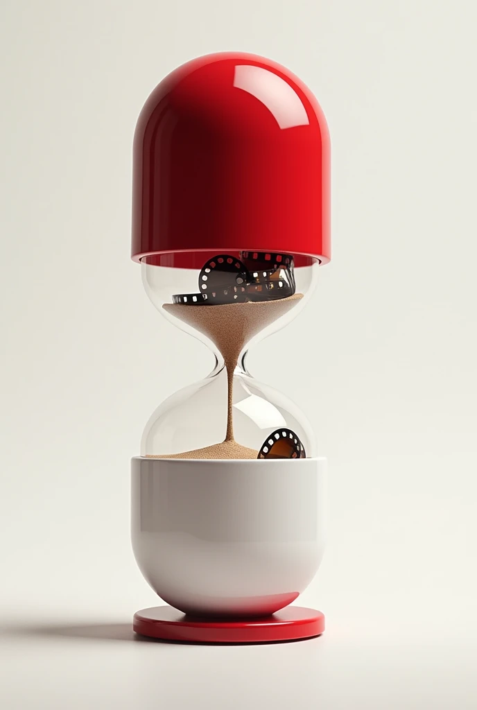 create a red and white hourglass shaped like a medicine capsule, and inside the hourglass there are rolled up film strips. do not put sand inside the hourglass, without sand