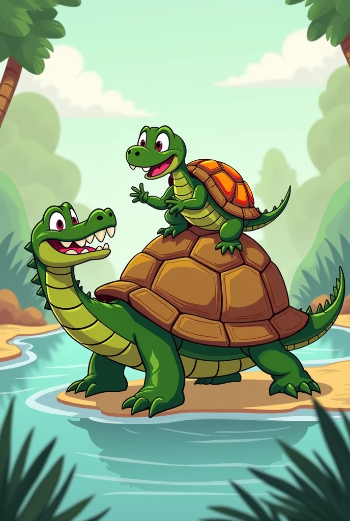The tortoise sits on the back of the crocodile and speaks in 2d cartoon