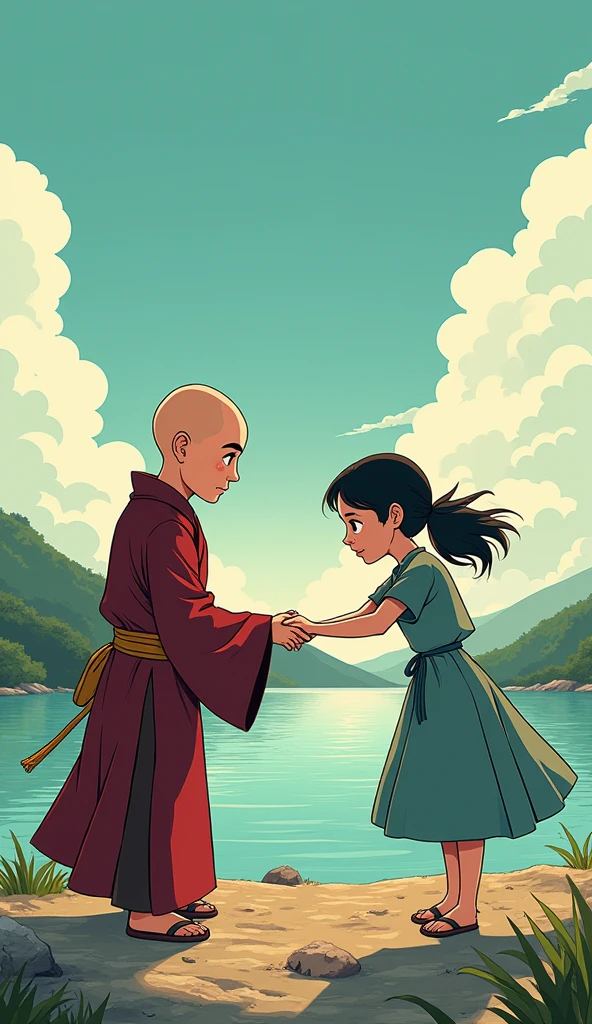 Scene: The monk with bold head gently sets the woman down on the opposite bank, with the disciple still looking troubled.
Character Description: The monk remains serene, while the disciple frowns, deep in thought. In comic style