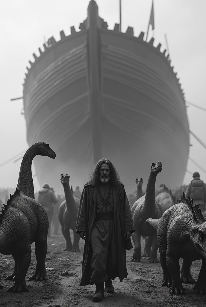 biblical noah leading dinosaurs into naohs arch black whit photography WWII