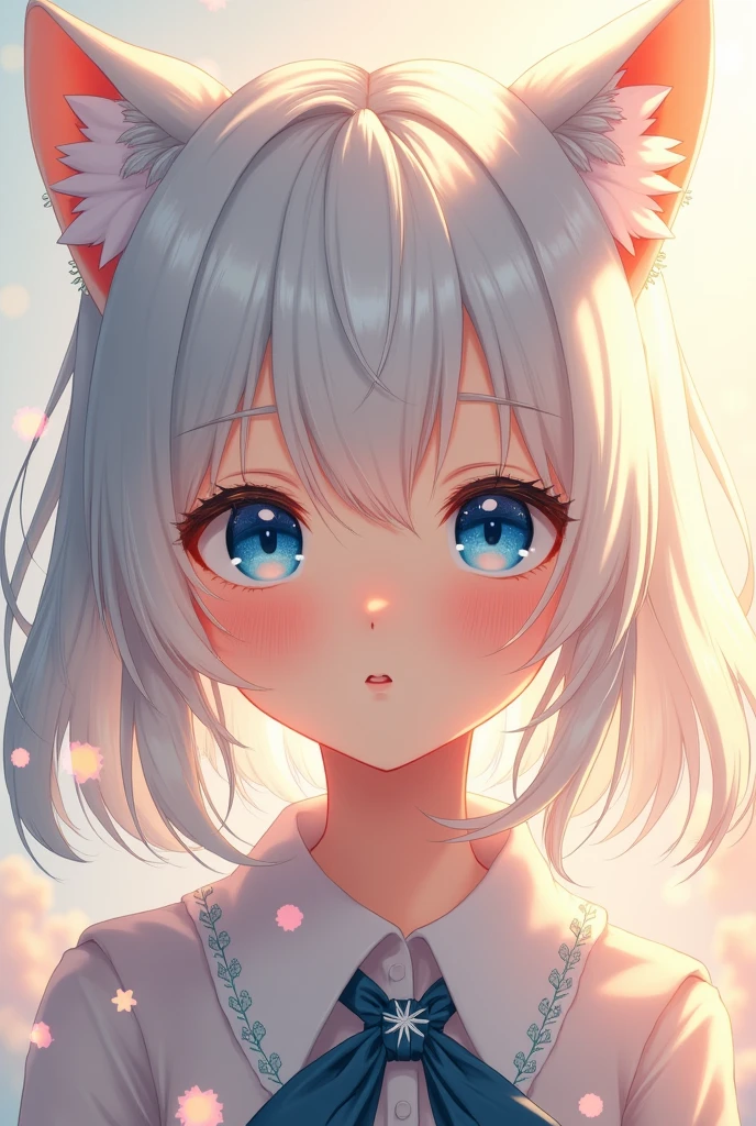Cute Girls,Blue Eyes,White Hair,Cat ears hair,Hair is shoulder length,One person,high resolution,Cheeks slightly pink,Light pouring down,The wind blowing through,sparkle,flower