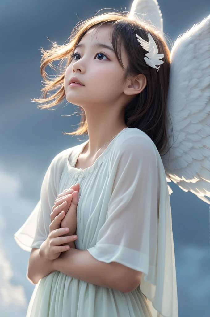 A cute angel with delicate wings, facing forward and looking up towards the sky with a hopeful expression, hands clasped together in a prayer pose. The angel has a serene and innocent look, with a soft glow around them. The background shows a soft, cloudy sky with gentle light filtering through.