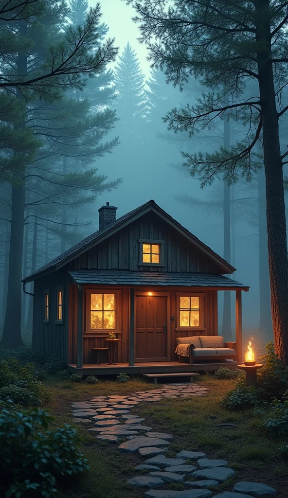 A small, rustic cabin nestled in a dense forest with warm, glowing lights visible through the windows. The cabin is surrounded by tall trees, with a gentle fog rolling in. The interior looks inviting with a flickering fireplace, a soft, plush blanket draped over a couch, and a hot drink waiting on a wooden table.