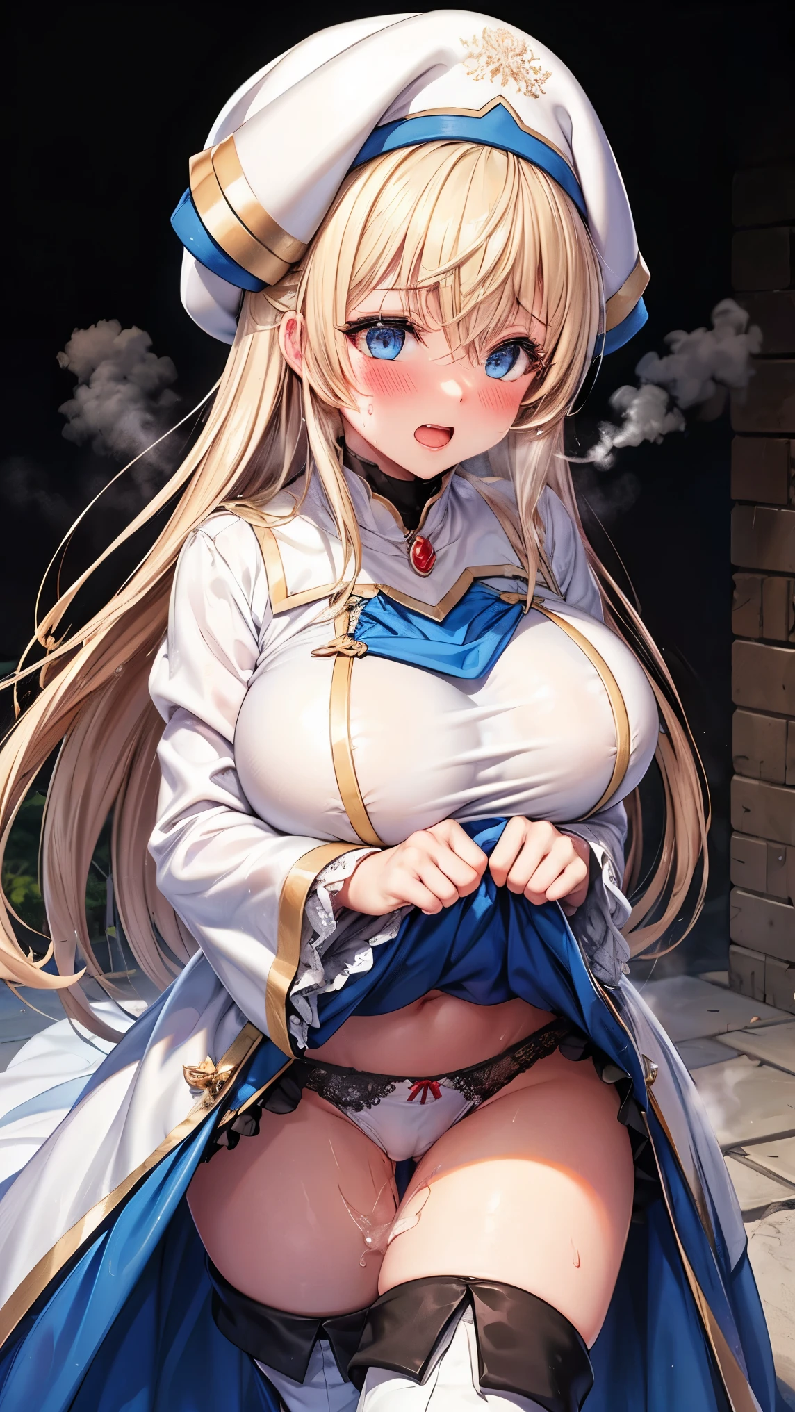 best quality,1girl,((big breasts:1.3)),((,orgasm,blush,sweat,steam:1.1)), onna_shinkan, long hair, hat, long sleeves, dress, white headwear, thighhighs, very long hair, thigh boots, wide sleeves, white thighhighs, hair between eyes,((lift skirt,upskirt,white panties,lace panties)),pussy juice,walking