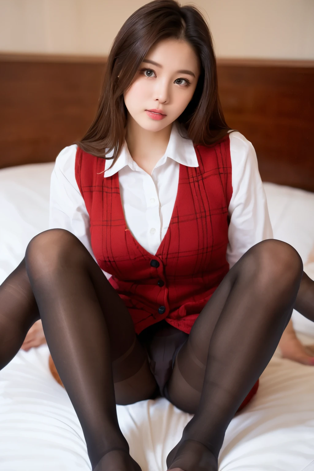 ulzzang-6500-v1.1, (RAW Photos:1.2), (Realistic), (Genuine:1.4), 1girl、Perfect Anatomy、Looking into the camera、Medium Long Hair、Plaid vest、((Sit on the bed:1.3))、(Ultra-realistic pantyhose:1.4), (Toes)、(Do not wear shoes), (Business services)、