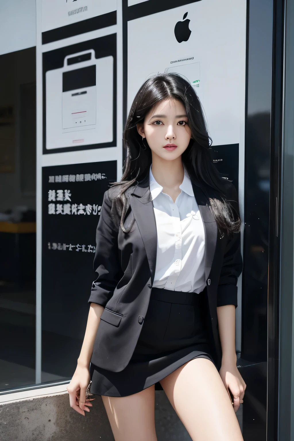 This is a promotional poster picture. A beautiful girl with black hair, 175 cm tall, long hair and fair skin is wearing work clothes. There is a large print on it to promote the latest IPHONE 15th generation.