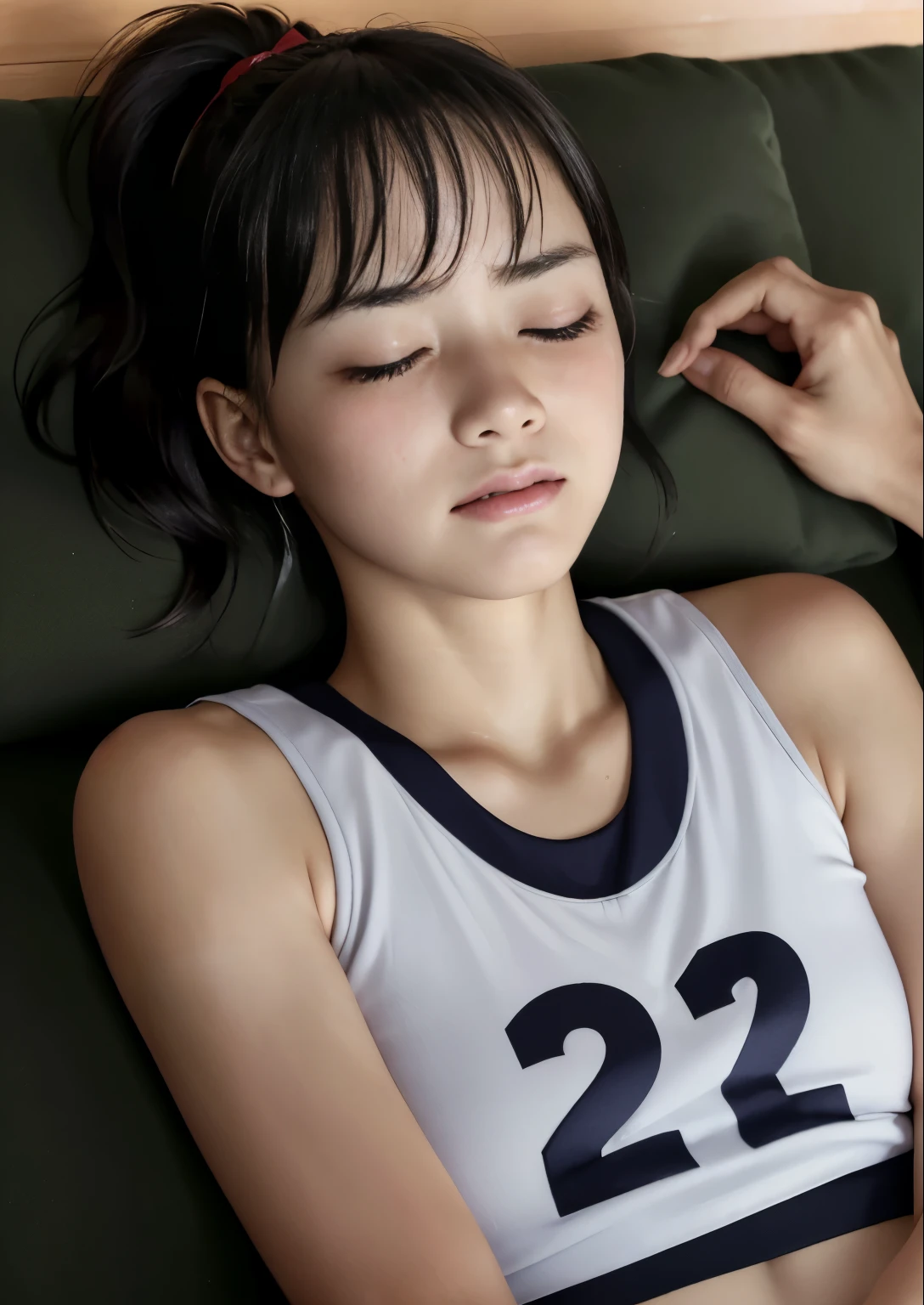 (Highest quality, masterpiece), (Beautiful Japanese Girl), (freckles:0.6), ponytail, Track and field athlete,Grimacing、((Frowning、Crying face))、Sweaty、close your eyes tight、Blink、((close your eyes、Are sleeping)),