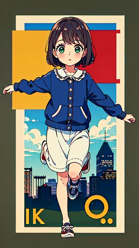 ((high quality)), ((masterpiece)), 8k, 10 year-old girl, light rays, extremely detailed, 8k wallpaper, ((full body)), running, cute clothes, (background european city), kawaii, cute girl, brown hair, chanel short hair, green eyes, tiny girl, children, kid