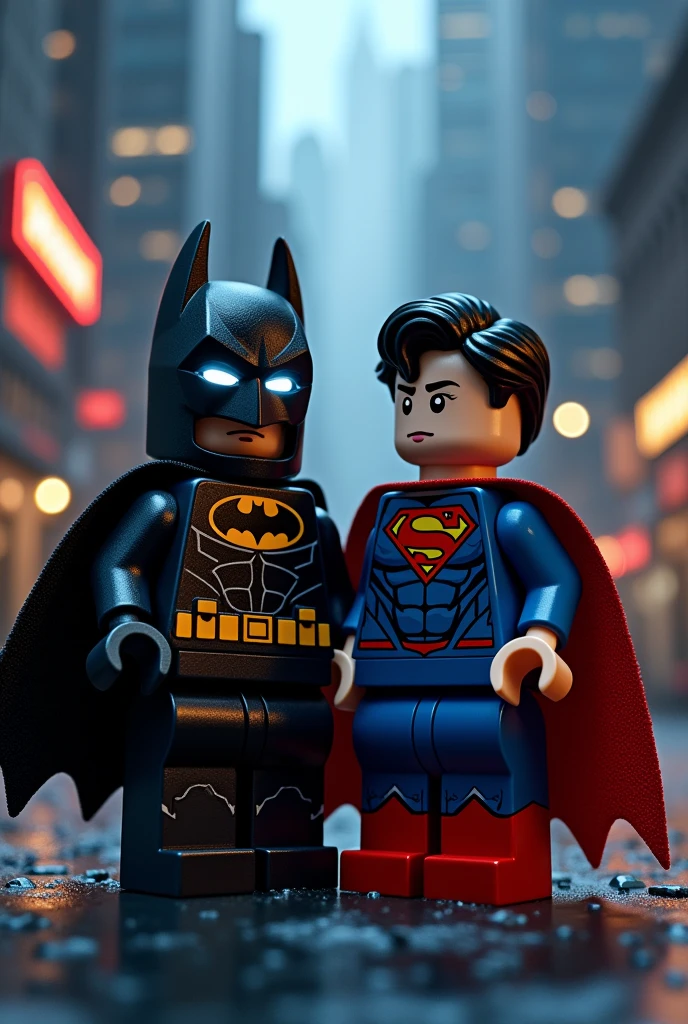 Superman and Batman in lego art, night