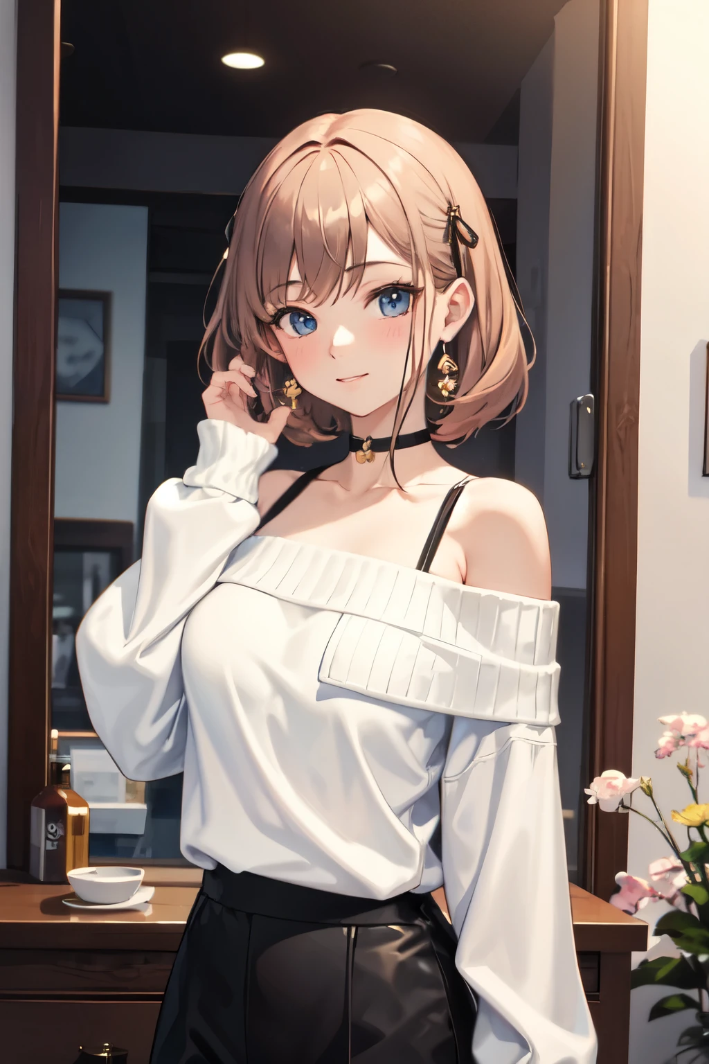((Highest quality)), ((masterpiece)), (detailed), One girl, Off-the-shoulder sweater, 