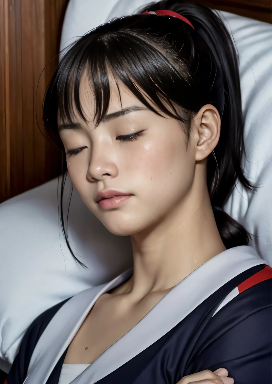 (Highest quality, masterpiece), (Beautiful Japanese Girl), (freckles:0.6), ponytail,  Track and field athlete,Grimacing、((Frowning、Crying face))、Sweaty、close your eyes tight、Blink、((close your eyes、Are sleeping)),