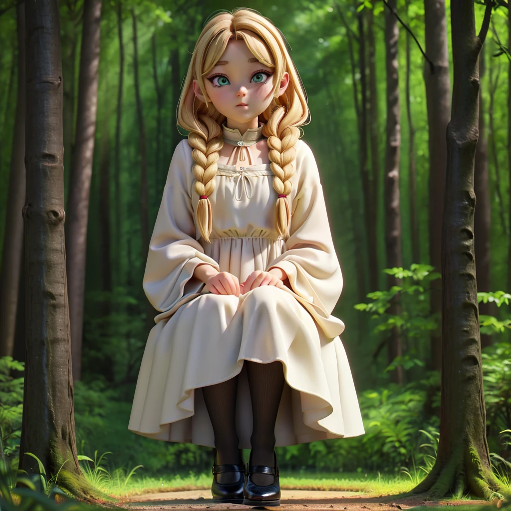 whole body、dress、pantyhose、Black footwear、Blonde、Loose braids、Beautiful Face、Green Eyes、Forest Background、(masterpiece:1.2)、Highest quality、Confused、Highly detailed wallpaper、Perfect lighting、(黒とのdress、length)sleeve:1.1)