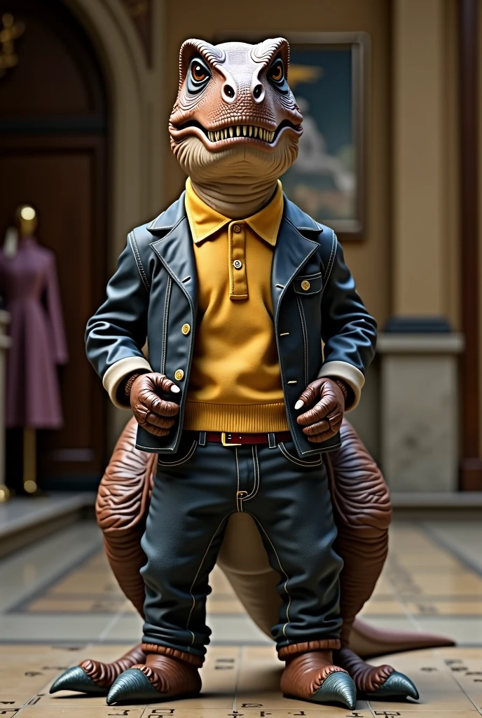 Dinosaur wearing a T-shirt and jeans set from Ralph Lauren in a fashion show. Real life full body photo.