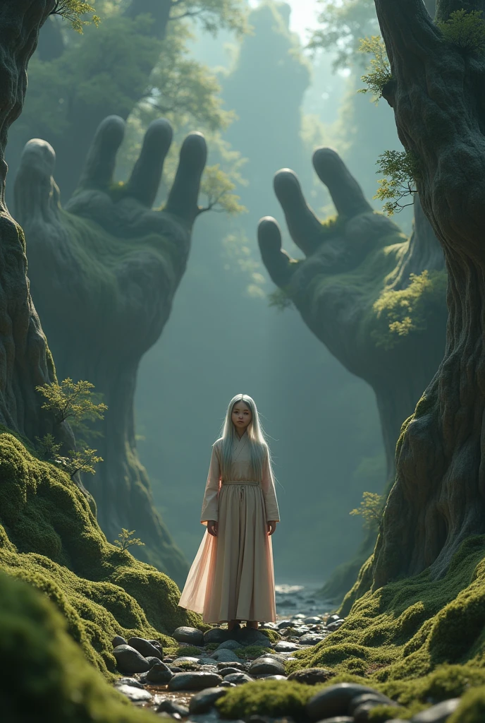 A silver-haired girl，Young Mohist woman during the Spring and Autumn Period and the Warring States Period in China，Standing in the center of a giant mossy wooden robot hand，Full body portrait，Tall，Surrealism，Long shot，Low angle shot，Upward Shot，Strong sense of art，Movie Lighting，Delicate matte、Dark、Fantasy、Intricate details、Complementary colors、Fantasy概念艺术、8K resolution，Popular on Artstation Unreal Engine 5，Complex 3D rendering，150mm lens，