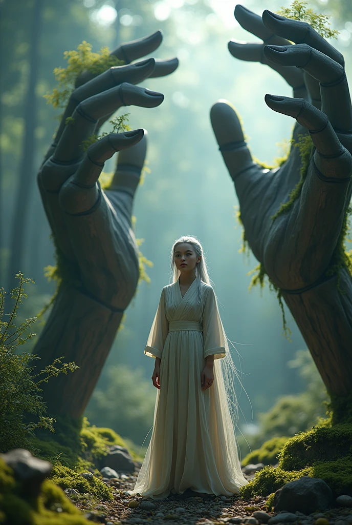 A silver-haired girl，Young Mohist woman during the Spring and Autumn Period and the Warring States Period in China，Standing in the center of a giant mossy wooden robot hand，Full body portrait，Tall，Surrealism，Long shot，Low angle shot，Upward Shot，Strong sense of art，Movie Lighting，Delicate matte、Dark、Fantasy、Intricate details、Complementary colors、Fantasy概念艺术、8K resolution，Popular on Artstation Unreal Engine 5，Complex 3D rendering，150mm lens，