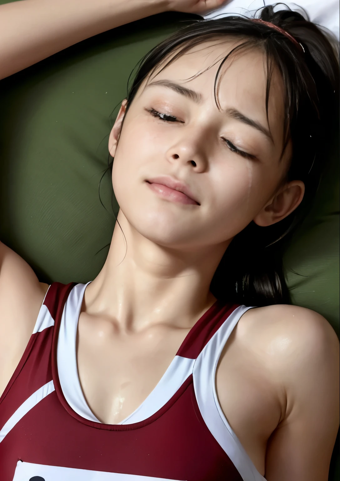 (Highest quality, masterpiece), (Beautiful Japanese Girl), (freckles:0.6), ponytail,  Track and field athlete,Grimacing、((Frowning、Crying face))、Sweaty、close your eyes tight、Blink、((close your eyes、Are sleeping)),