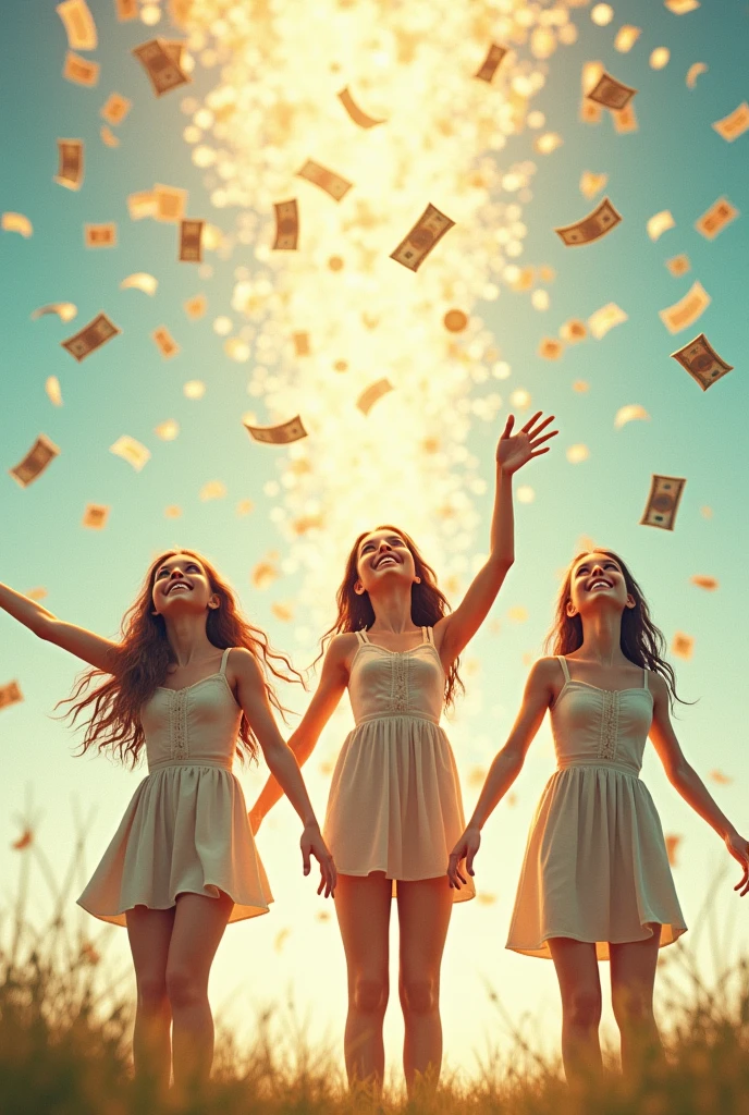 Three beautiful girls smile happily, look up, spread their arms, and wait to receive money, which is falling from the sky in large amounts.